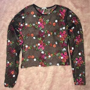Kimich Blue Floral Mesh Long Sleeve Crop Top